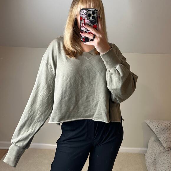 Nike: Sage Green Cropped Oversized V Neck Sweatshirt - Picture 1 of 6